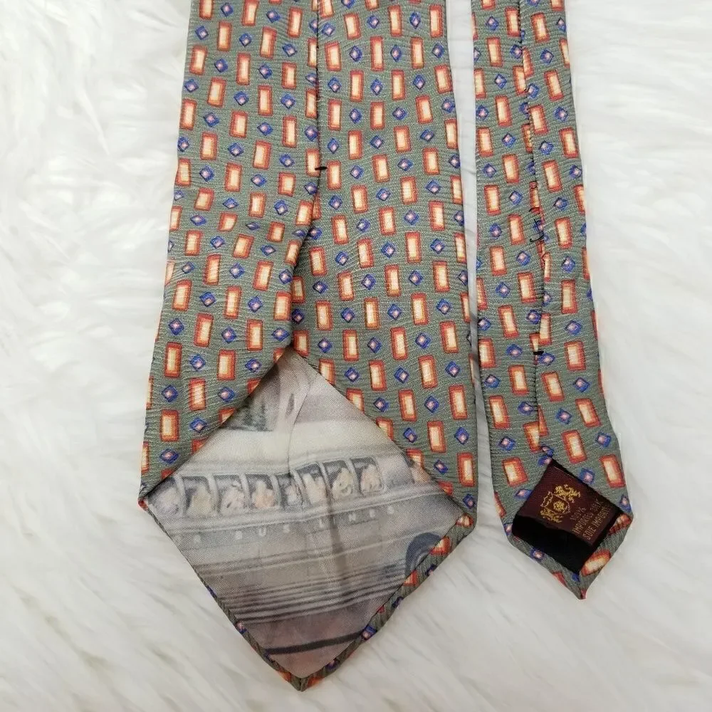 Vintage Fossil Sage Green & Orange Geometric Print Silk Neck Tie Classic
